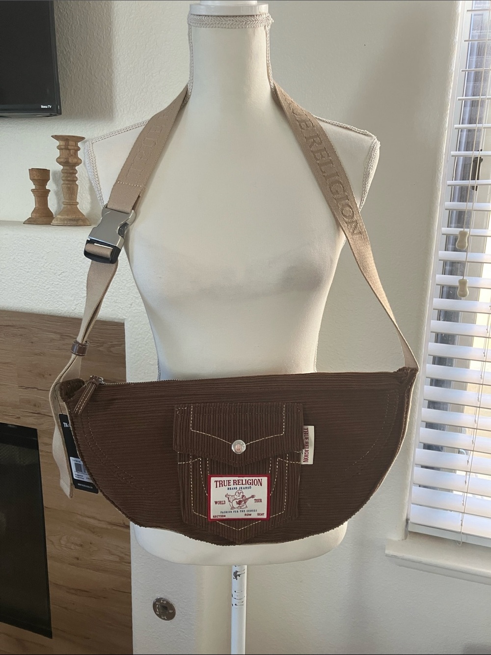NWT True Religion Brown Corduroy Sling crossbody Bag with Beige Strap